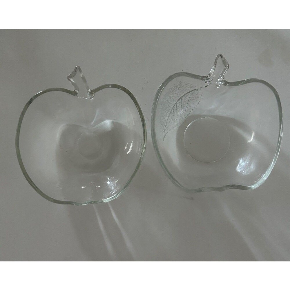 Vintage Apple Shaped Glass Bowl Etched Leaf KIG Indonesia Dessert Candy Dish